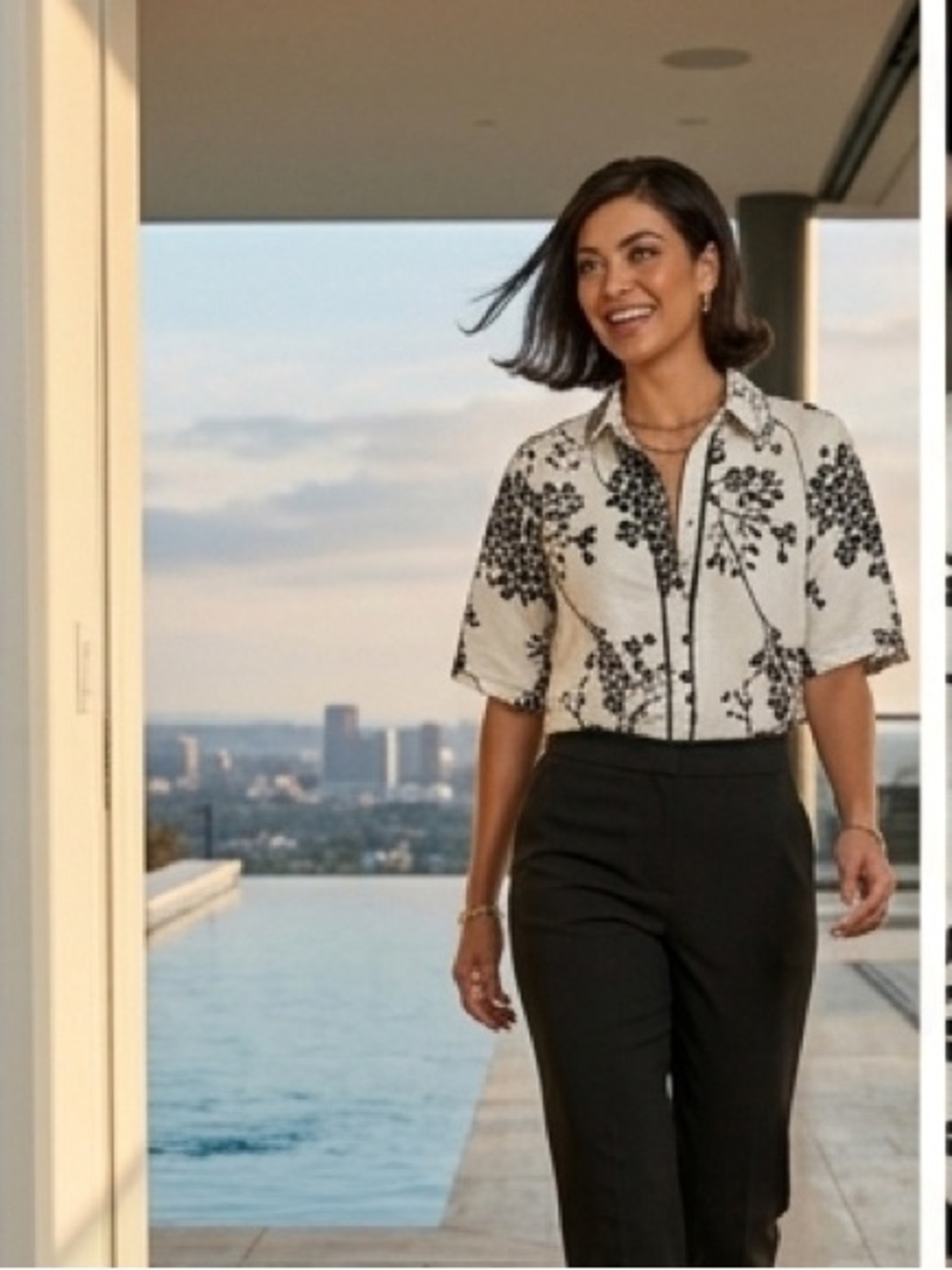 ABS Allen Schwartz Linen-Blend Black & White Botanical Short Sleeve Blouse